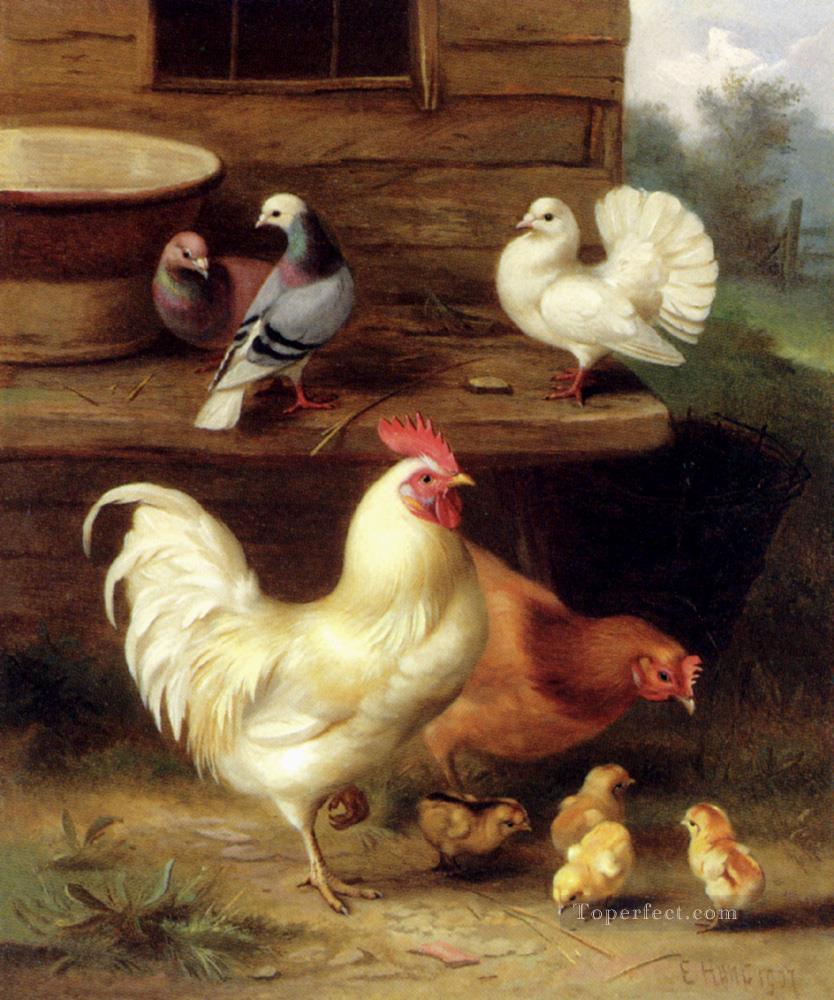 Ein junger Hahn Henne und Küken mit Tauben Bauernhof Tiere Edgar Hunt Ölgemälde